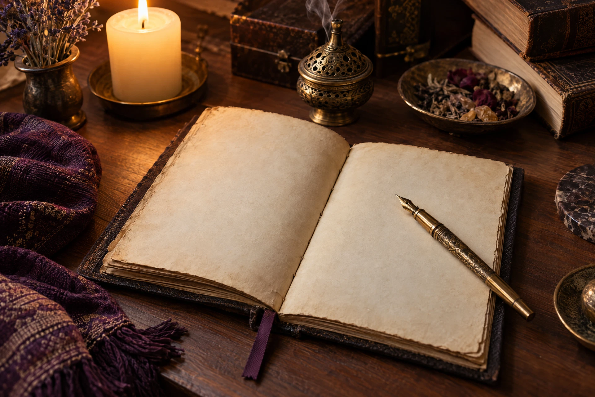 Journal ouvert et plume dans une ambiance traditionnelle